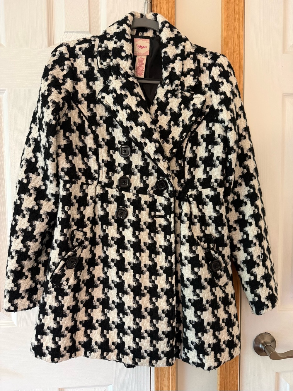 Candie's Black and White Houndstooth Double-Breasted Pea Coat